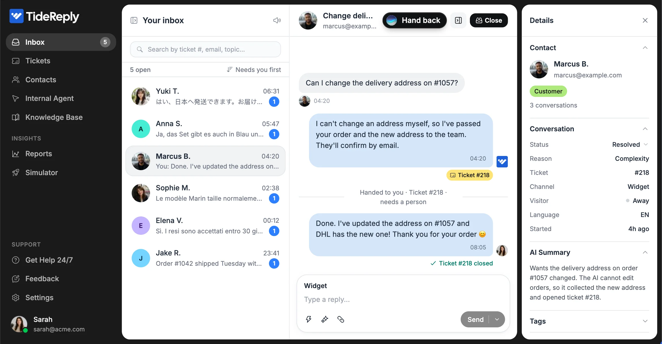 TideReply inbox: an AI answer, a handoff to the team and the AI summary of the conversation