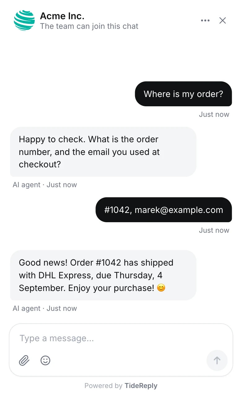 TideReply chat widget answering "Where is my order?" with the shipping status of the order
